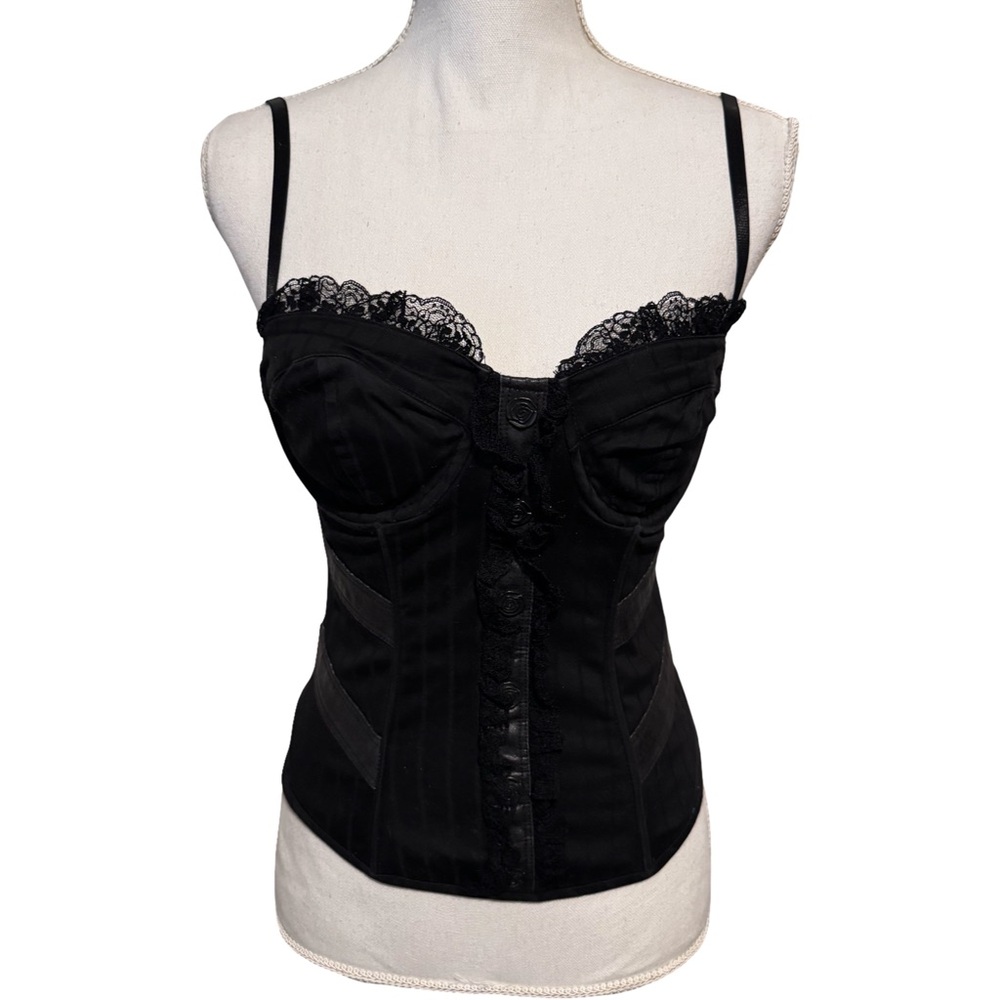 Black Lace and leather Trim Corset Top